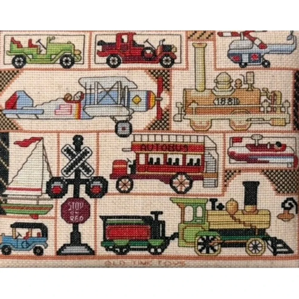 Vintage Old Time Toys Needlepoint Framed Sampler Train Plane Car Wall Art 11x9